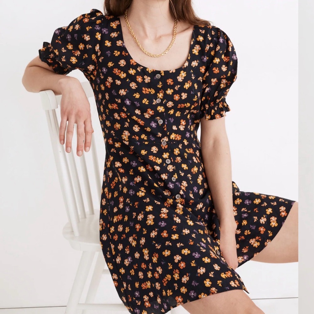 Madewell Smock-Sleeve Button-Front Mini Dress in Happy Hibiscus Size 10